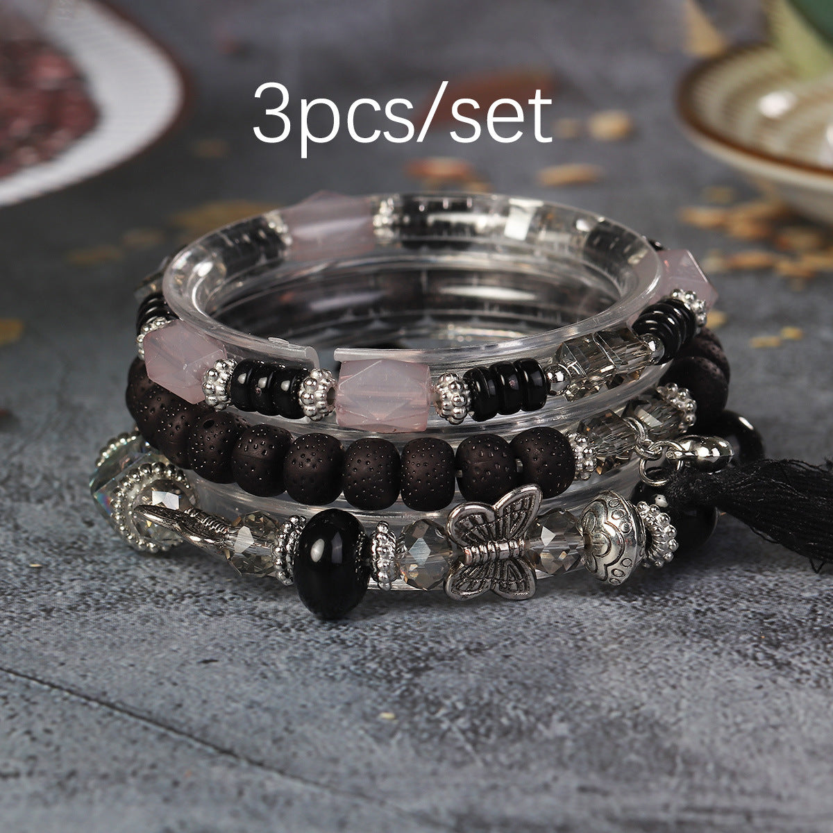 Wholesale Butterfly Tassel Pendant Glass Elastic Bracelet