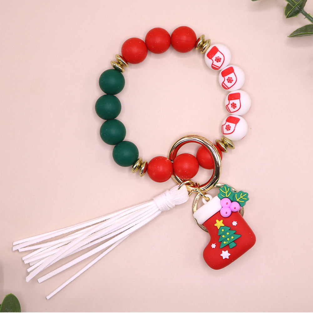 Wholesale 10PCS Silicone Christmas Elk Christmas Tree Beaded Wrist Keychain