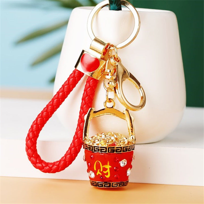 Wholesale Chinese Style Fortune Bucket Keychain Red Zinc Alloy Cornucopia Car Key Ring Decorative Bag Charm Gift