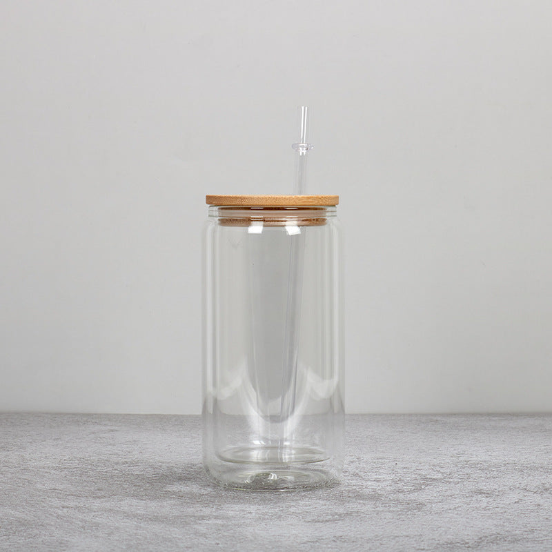 Wholesale 12oz 16oz 20oz Thermal Transfer Frosted Coating Cup Bamboo Lid Glass Cup