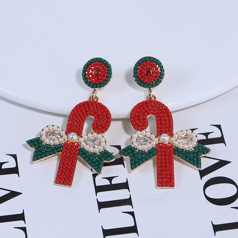 Wholesale Christmas Walking Stick Alloy Diamond and Rice Bead Earrings