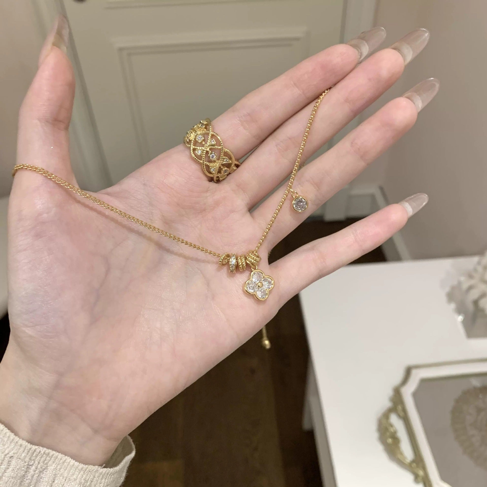 Wholesale Square Sugar White Diamond Bow Pink Diamond Titanium Steel Necklace