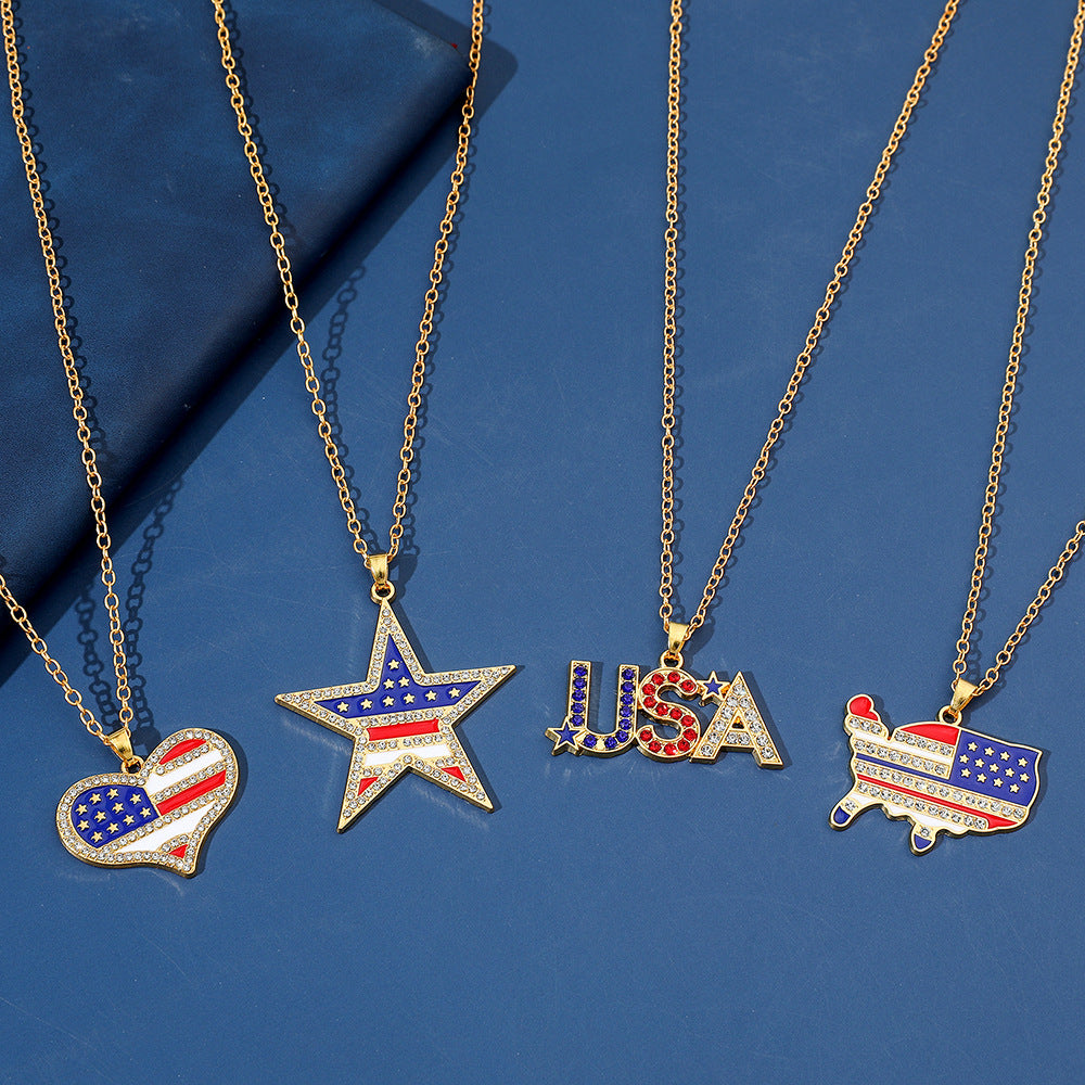 Wholesale American Independence Day Flag Five Pointed Star Diamond Alloy Necklace