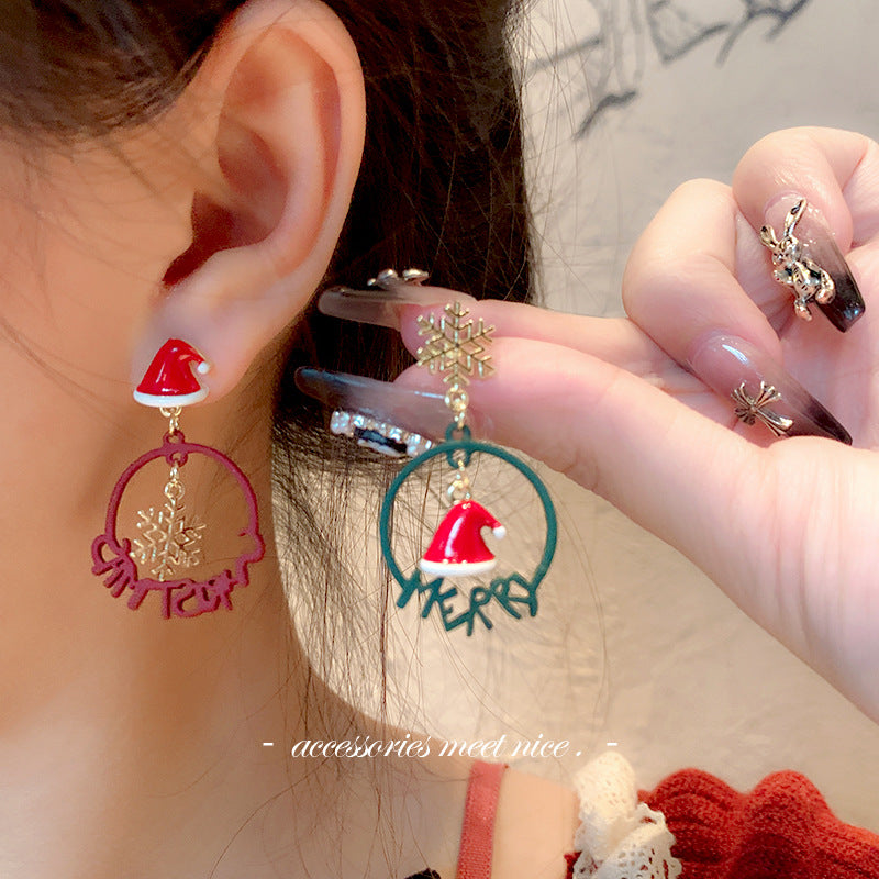 Wholesale Christmas Silver Needle Studded Diamond Oil Drip Asymmetric Tassel Earrings