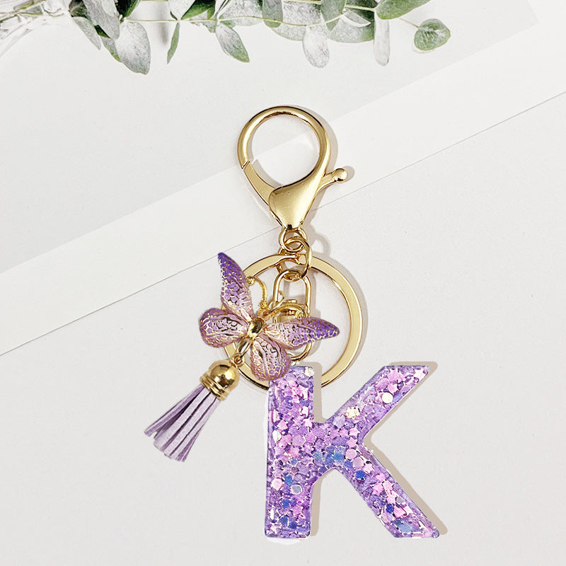 Wholesale Pink sequined butterfly 26 letter Sequin Keychain