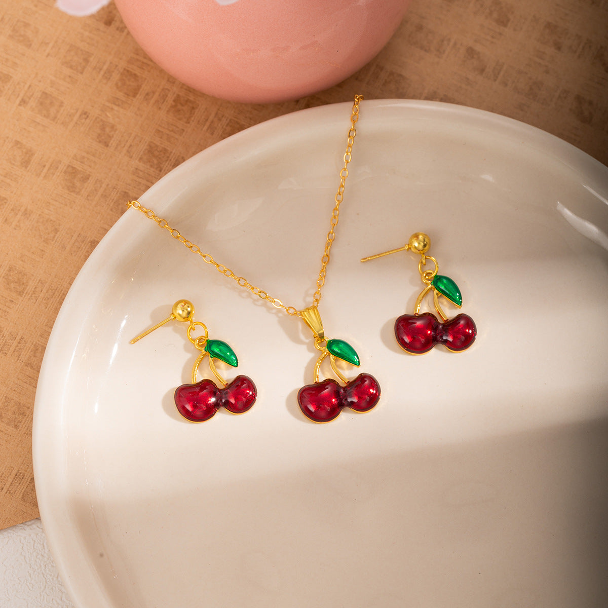 Wholesale Red Cherry Clavicle Chain Earrings Jewelry Set
