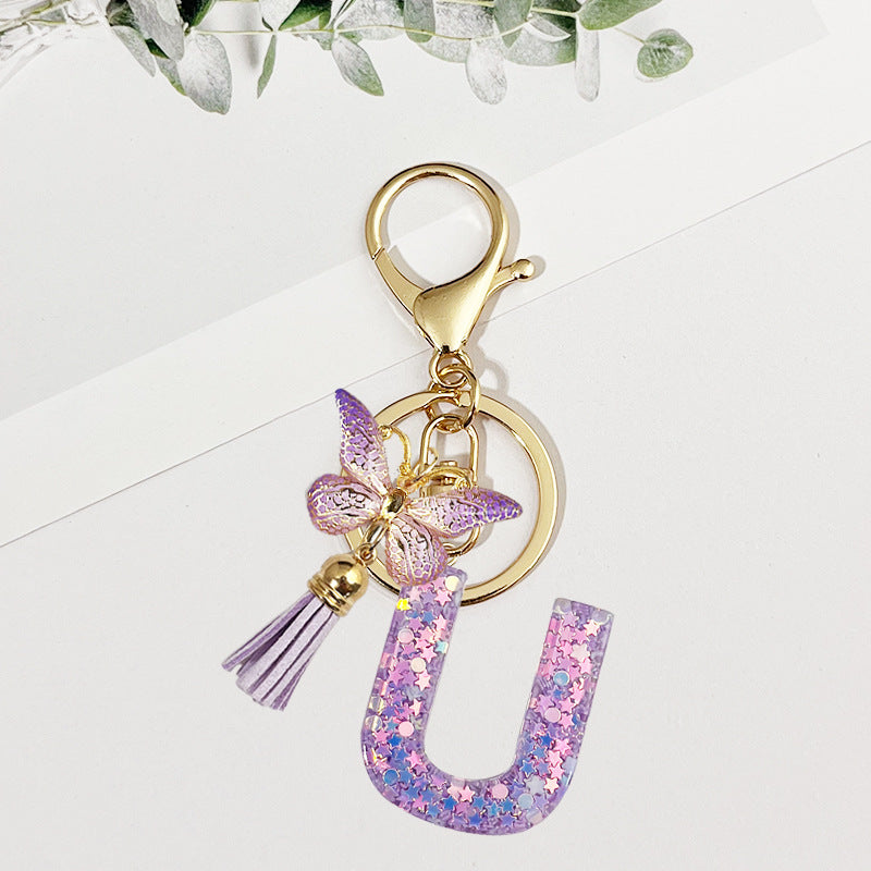 Wholesale Pink sequined butterfly 26 letter Sequin Keychain