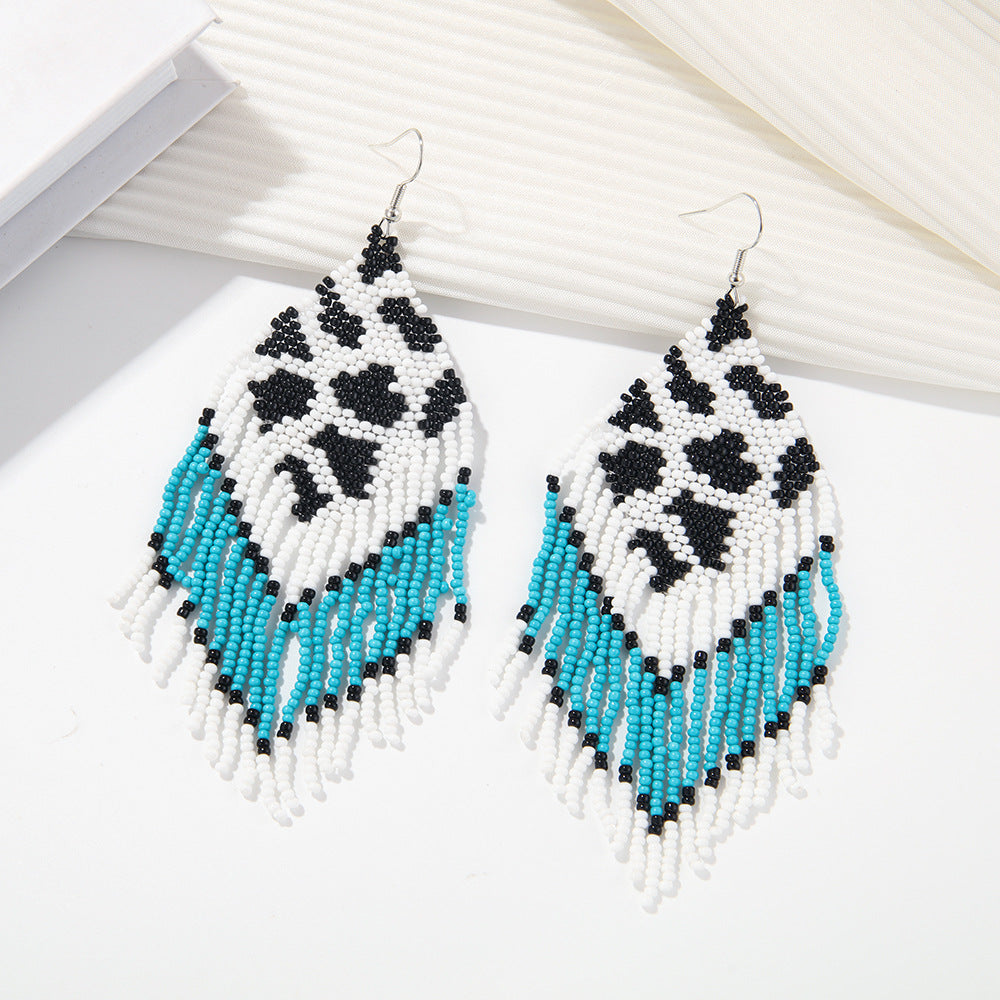 Wholesale Bohemian Handmade Woven Cow Grain Rice Bead Tassel Earrings