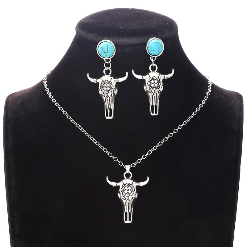 Wholesale Western Bull Head Skull Chain Alloy Earrings