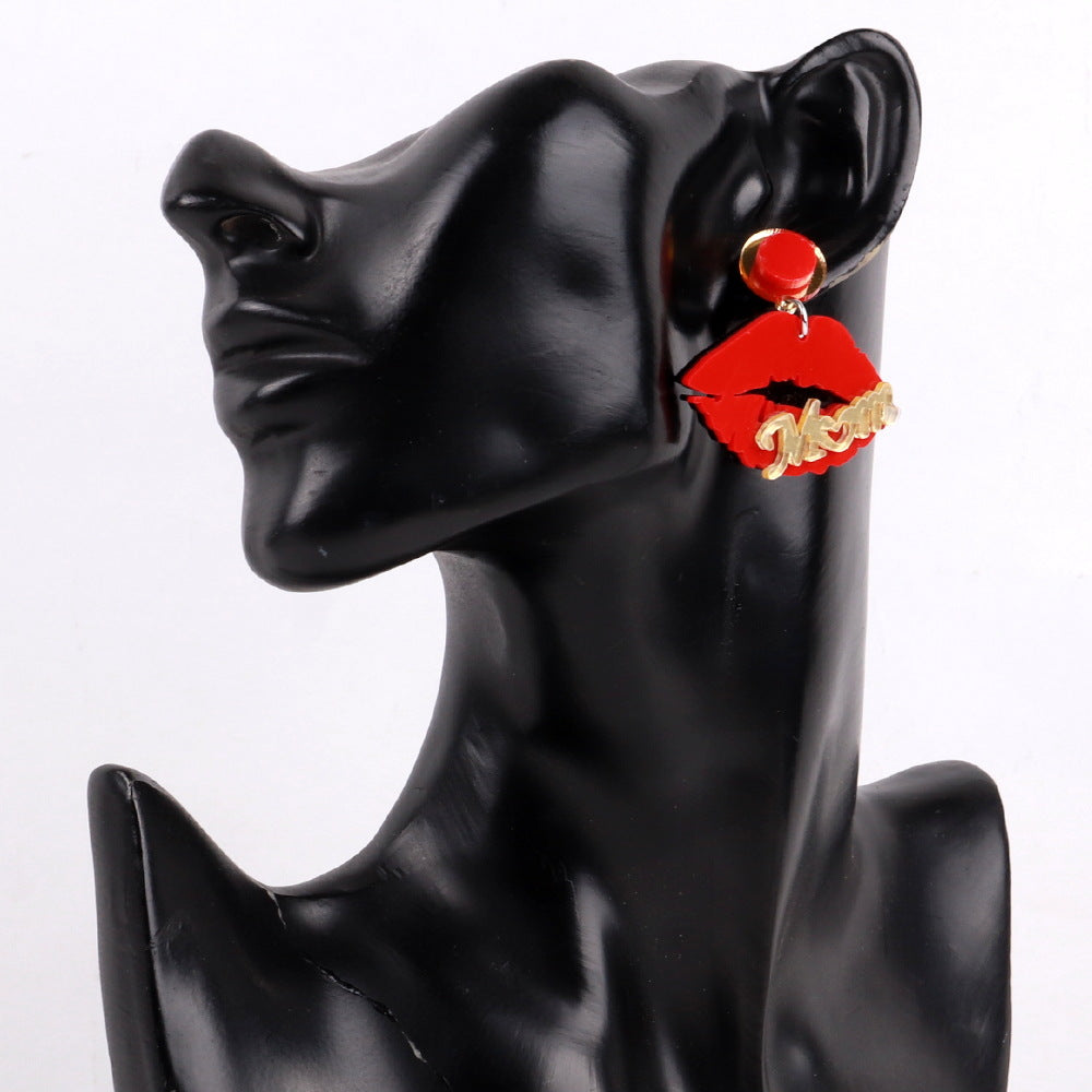 Wholesale Mother' s Day English Alphabet Mouth Red Lips Acrylic Earrings