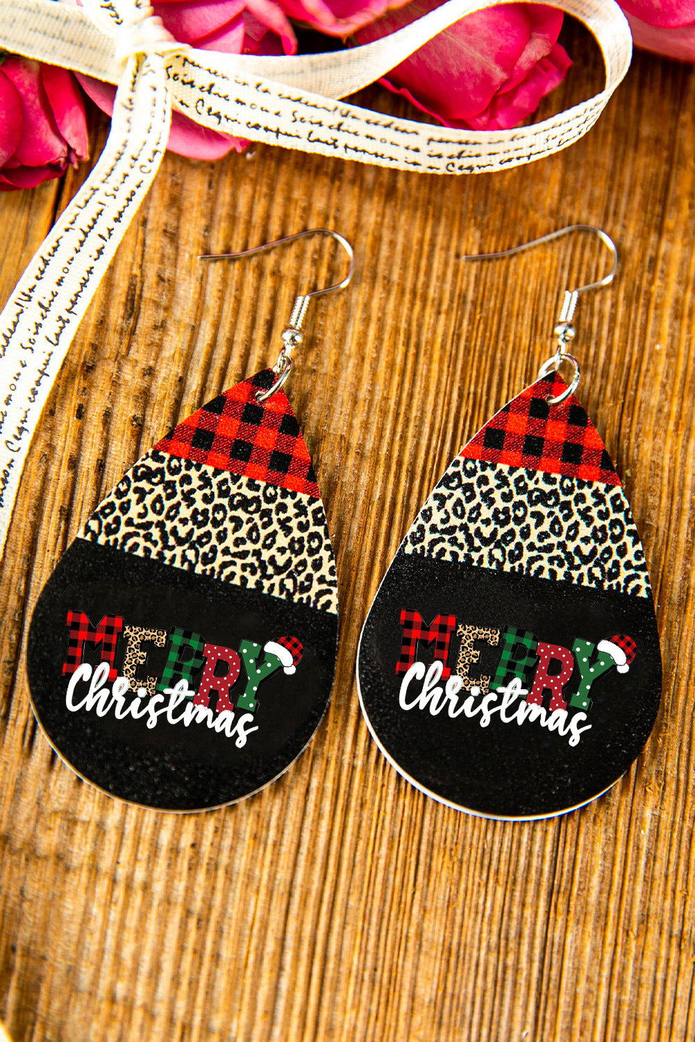 Wholesale Christmas Red Plaid Drop Santa Claus Leopard Pattern Love Leather Earrings