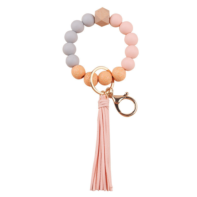 Wholesale European Style Silicone Wood Bead Keychain With Leather Tassel DIY Bracelet Making Kit Fashion Gift For Wedding Party Resale Accessory