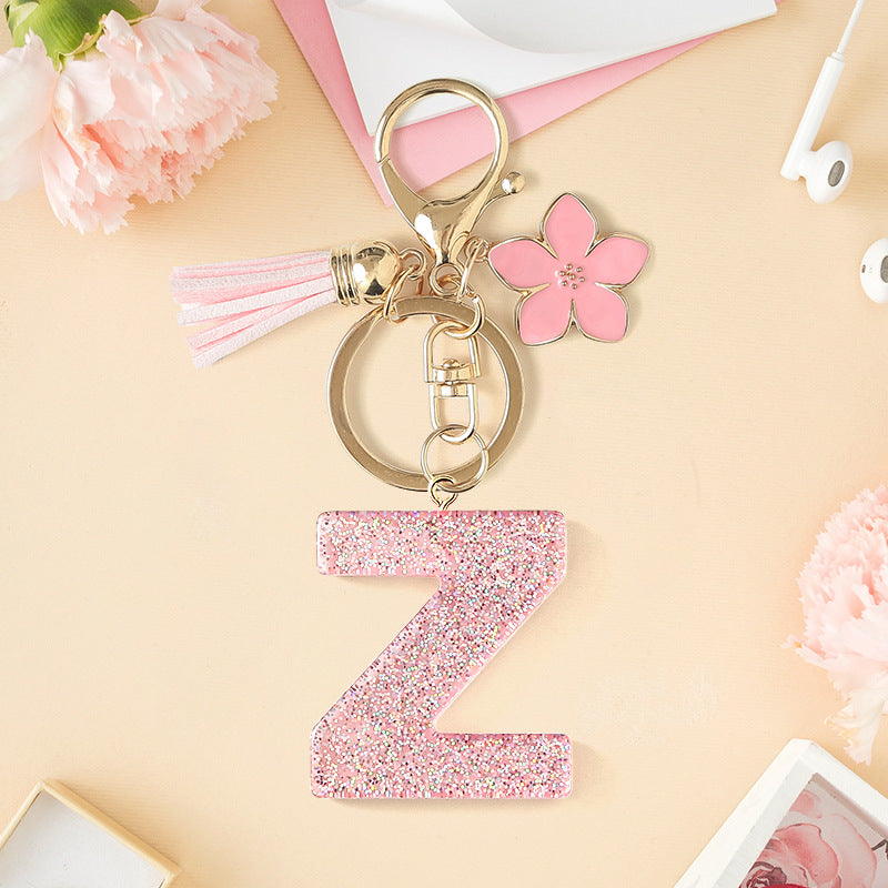 Wholesale Pink 26 letter Sparkling Pink Flower Tassel Keychain