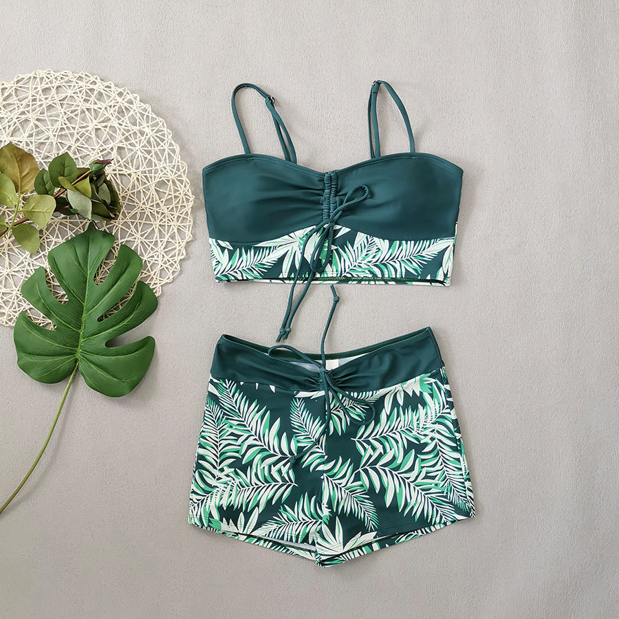 Wholesale High-waisted boxer tie-strap print solid color patchwork print swimsuit