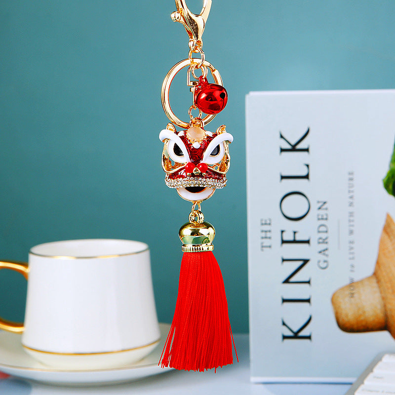 Wholesale Metal Chinese Style Lucky Lion Head Tassel Car Keychain Sapphire Blue Rhinestone Gift For Men Women