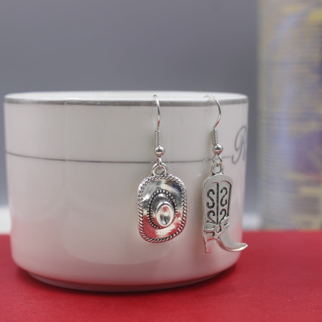 Wholesale  Retro Ethnic Asymmetric Western Cowboy Hat Boots Earrings