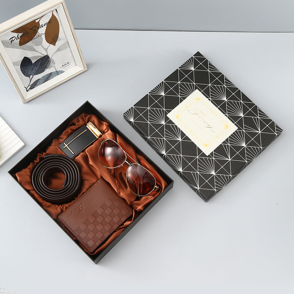 Wholesale Box Gift Men's Leather Belt Summer Sunglasses Fashion Wallet Practical Valentine's Day