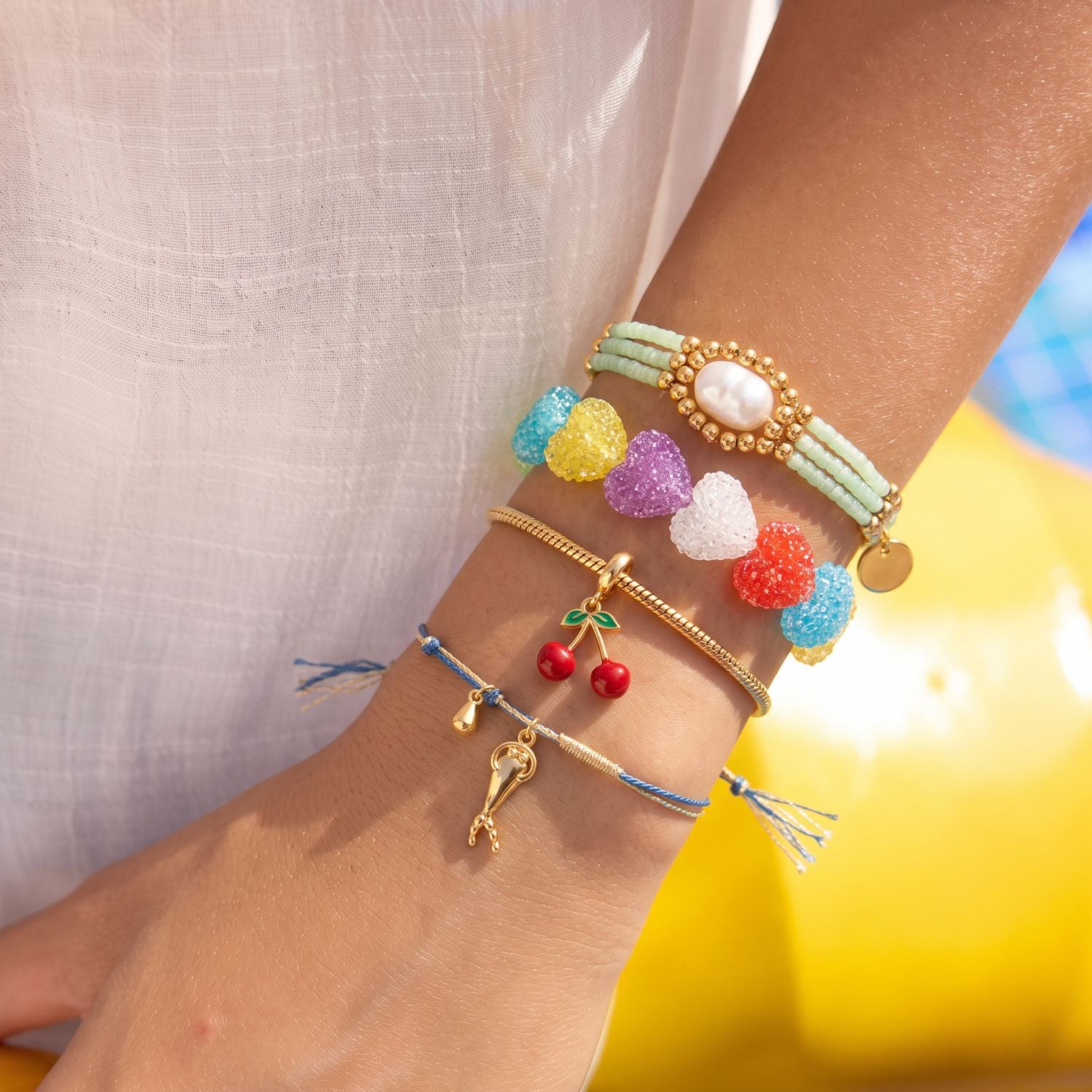 Wholesale Gold Plated Copper Rainbow Heart Cherry Pendant Pearl Layered Bracelet Set For Women Everyday Wear