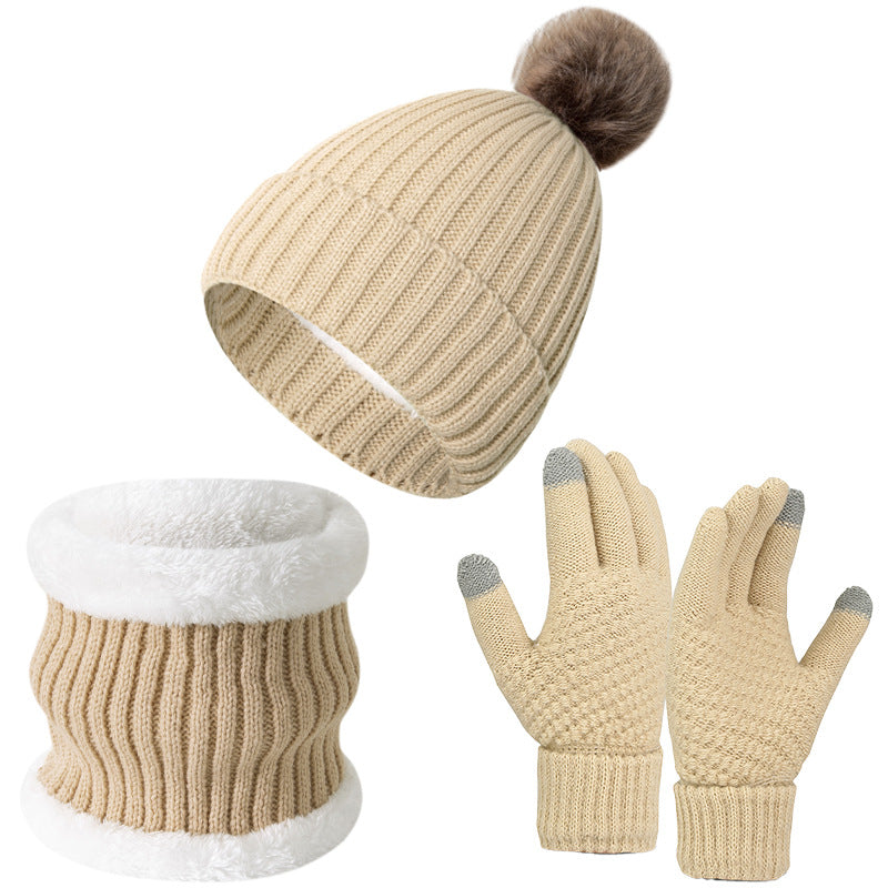 Wholesale Knitted Wool Warm Plus Velvet Thick Winter Scarf Gloves Hat Neck Three-piece Set