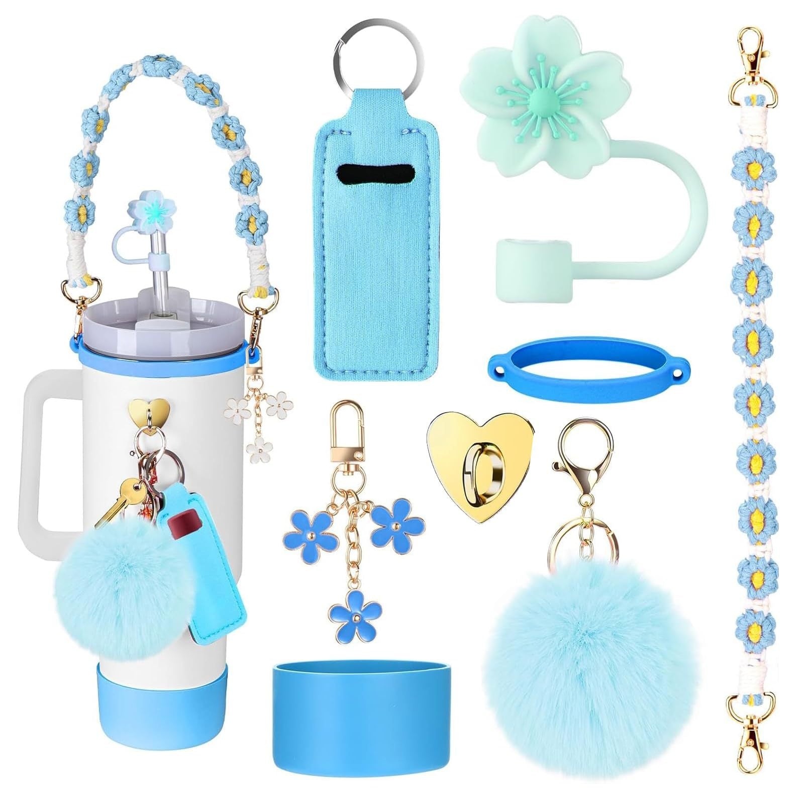 Wholesale Straw hat cup set cup chain colorful begonia flower key chain set