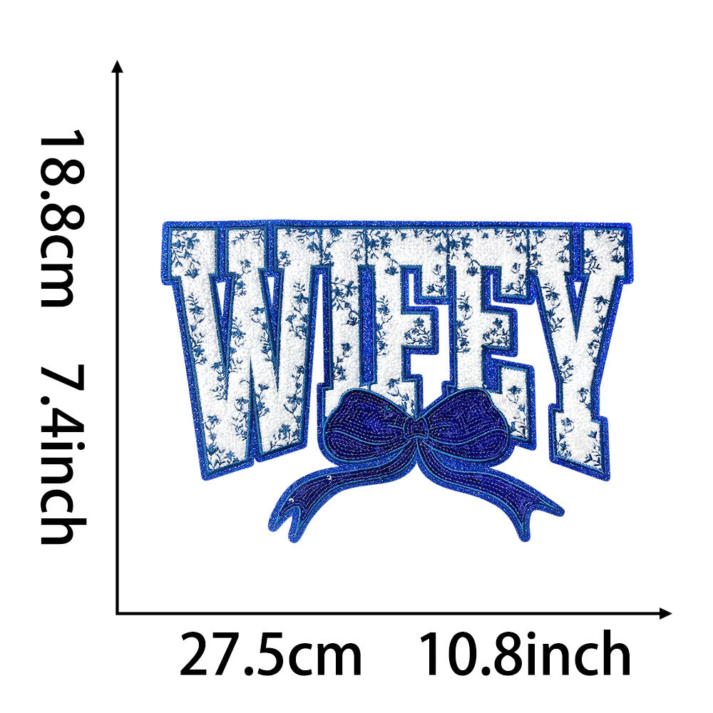 Wholesale Large Sequin Embroidered Patch Blue Wifey Motif DIY Embroidery Accessory For Coat And Bag Decoration