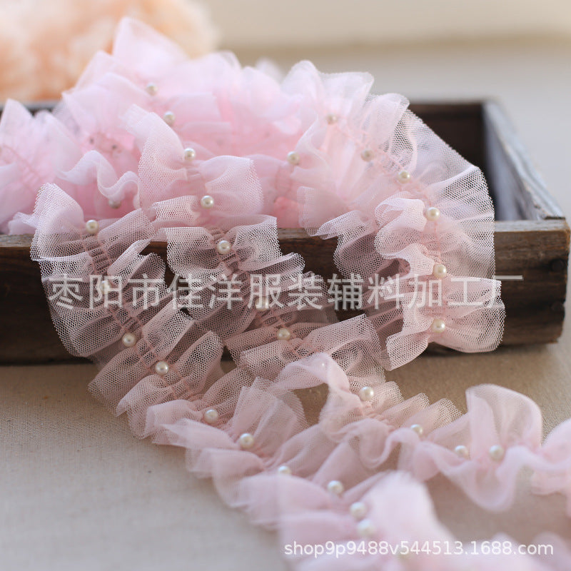 Wholesale 5pcs 5CM double-layer mesh lace pleated pearl decoration