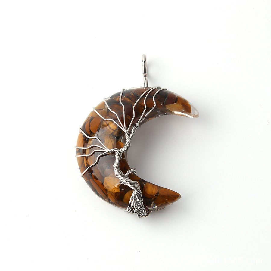 Wholesale Moon Wrap Tree of Life Gravel Pendant Resin Stainless Steel Chain Tooth Necklace