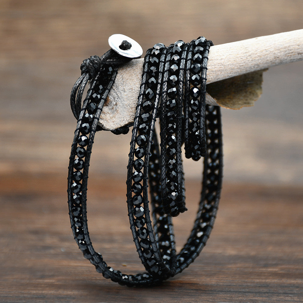 Brazalete ajustable de múltiples capas de cristal múltiple tejido tejido de mano negro al por mayor