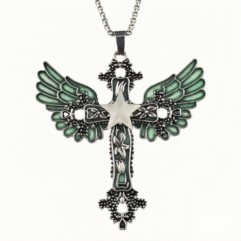 Wholesale Luminous pentagram cross wing necklace