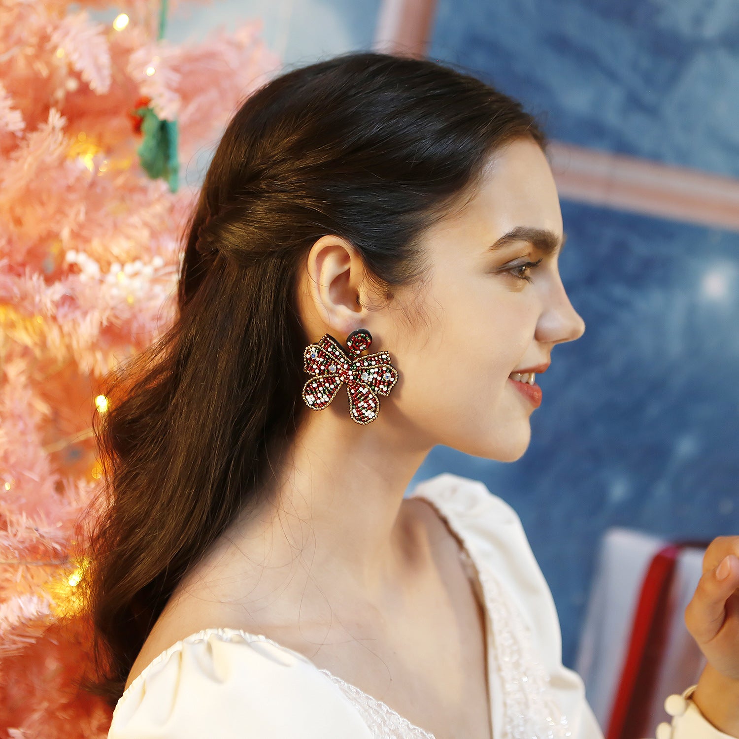 Wholesale Boho Bow Earrings Christmas Hand Woven Rice Beads Earrings