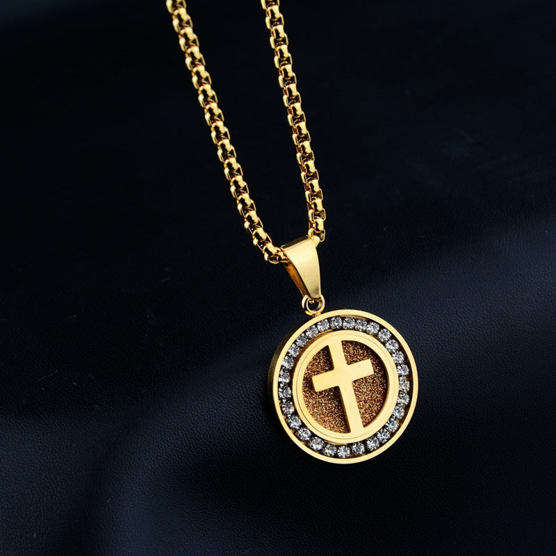 Wholesale Titanium Steel Hip Hop Necklace With Diamond Cut Cross Round Pendant Unisex Everyday Jewelry Accessory