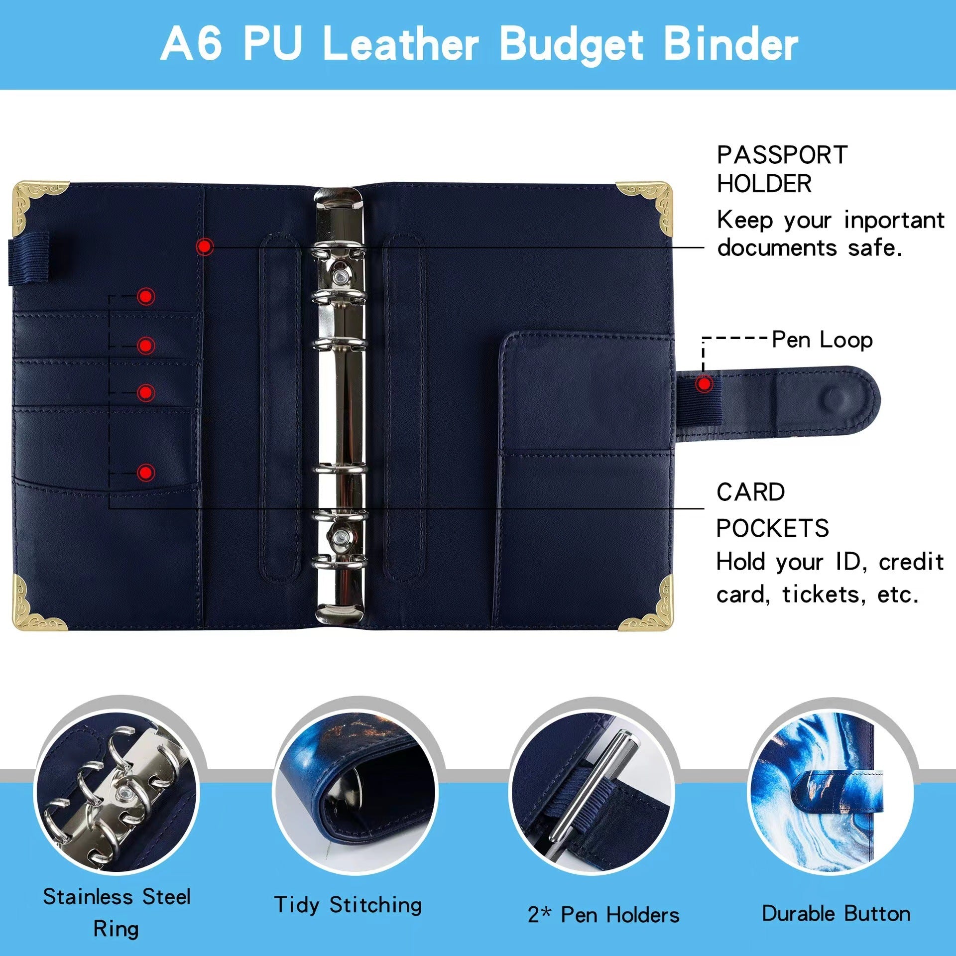 Wholesale A6 Loose Leaf Envelope PU Loose Leaf Ledger with Sticker Loose Leaf Notebook