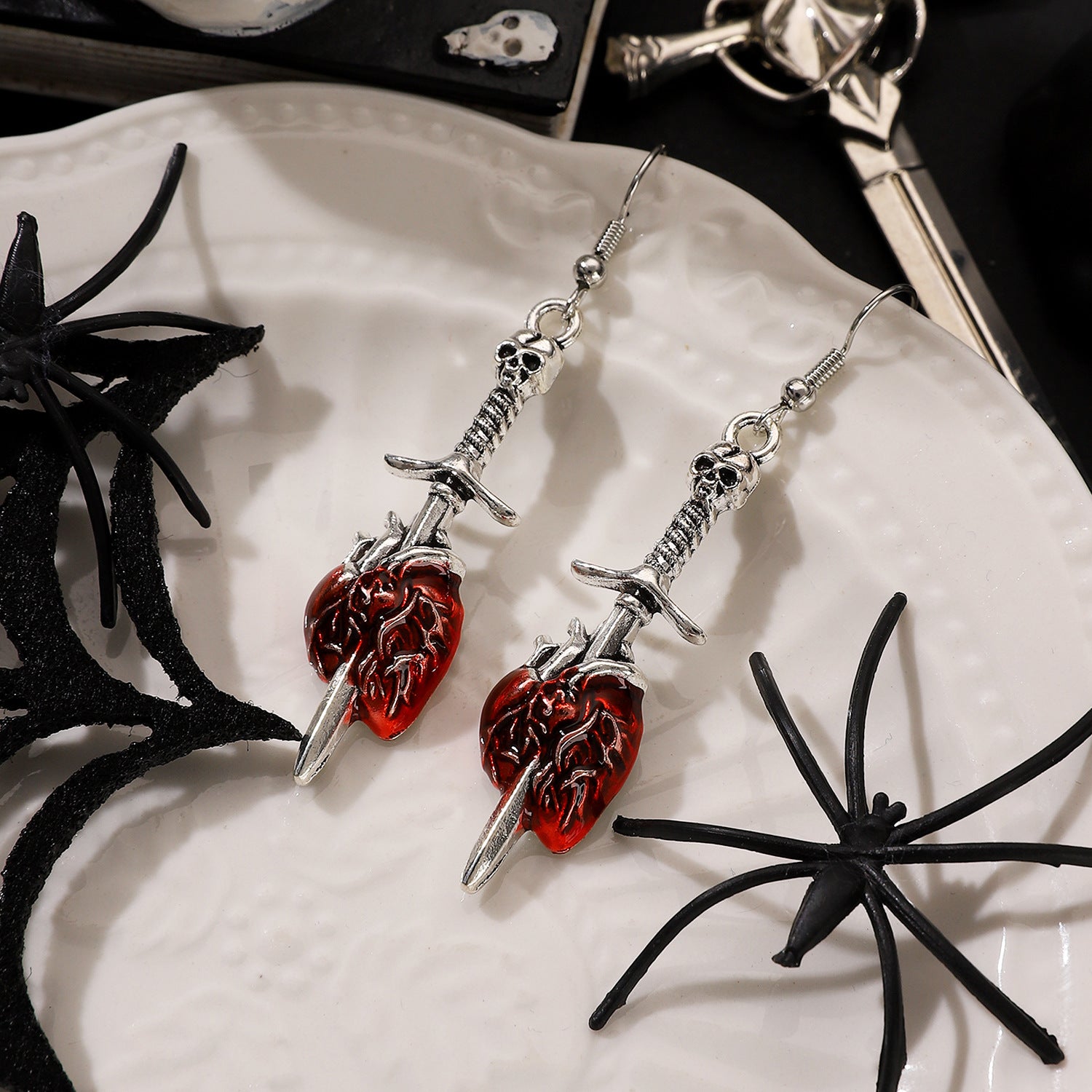 Wholesale Halloween Retro Exaggerated Gothic Horror Skull Heart Alloy Earrings