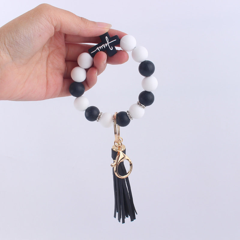 Wholesale Cartoon Silicone Cross Bead Tassel Wrist Keychain