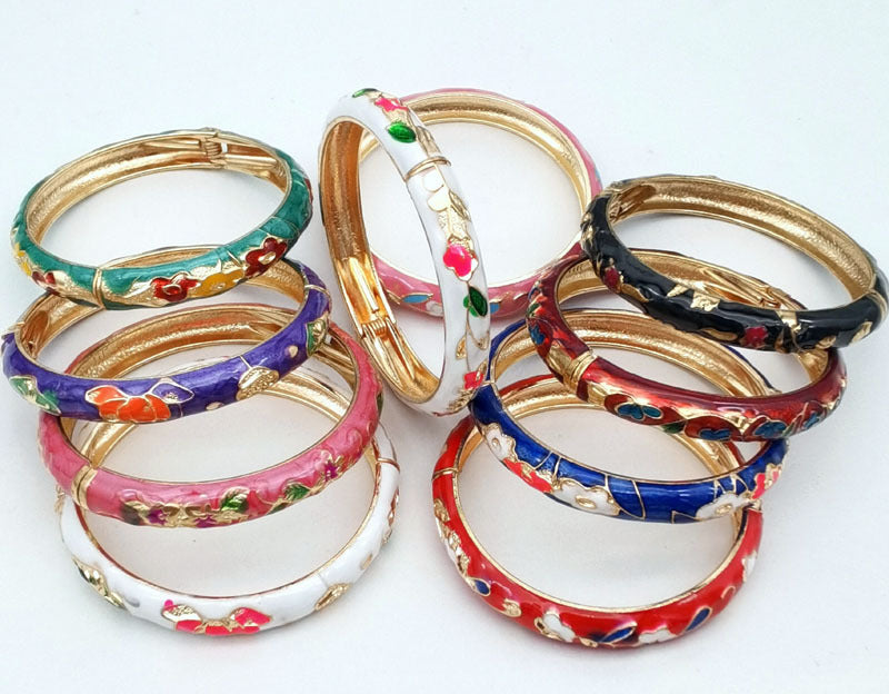 Wholesale 12pcs Cloisonne Children's and Adult's Thin and Wide Flower Bracelets