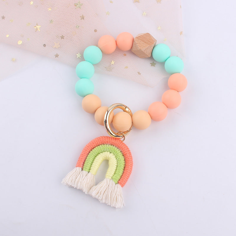 Wholesale Cartoon Colorful Rainbow Tassel Silicone Bead Wrist Keychain