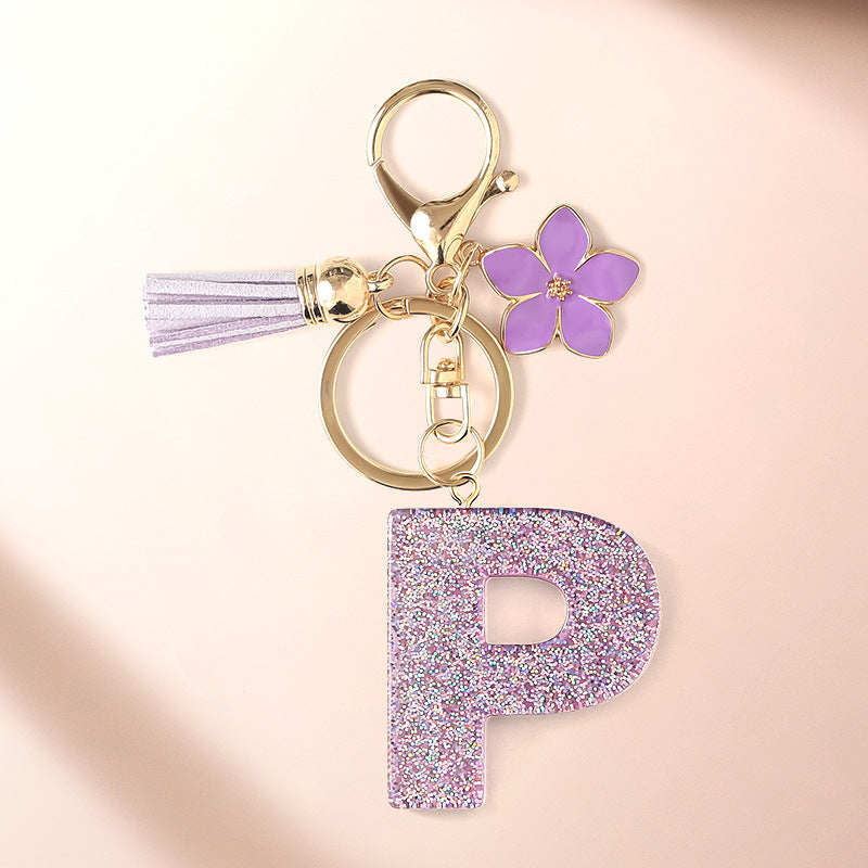 Wholesale Sparkling Pink 26 English Letter Purple Flower Keychain