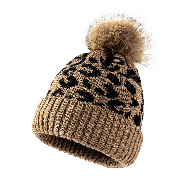 Wholesale Leopard Print Curled Fur Ball Knitted Warm Thickened Hat