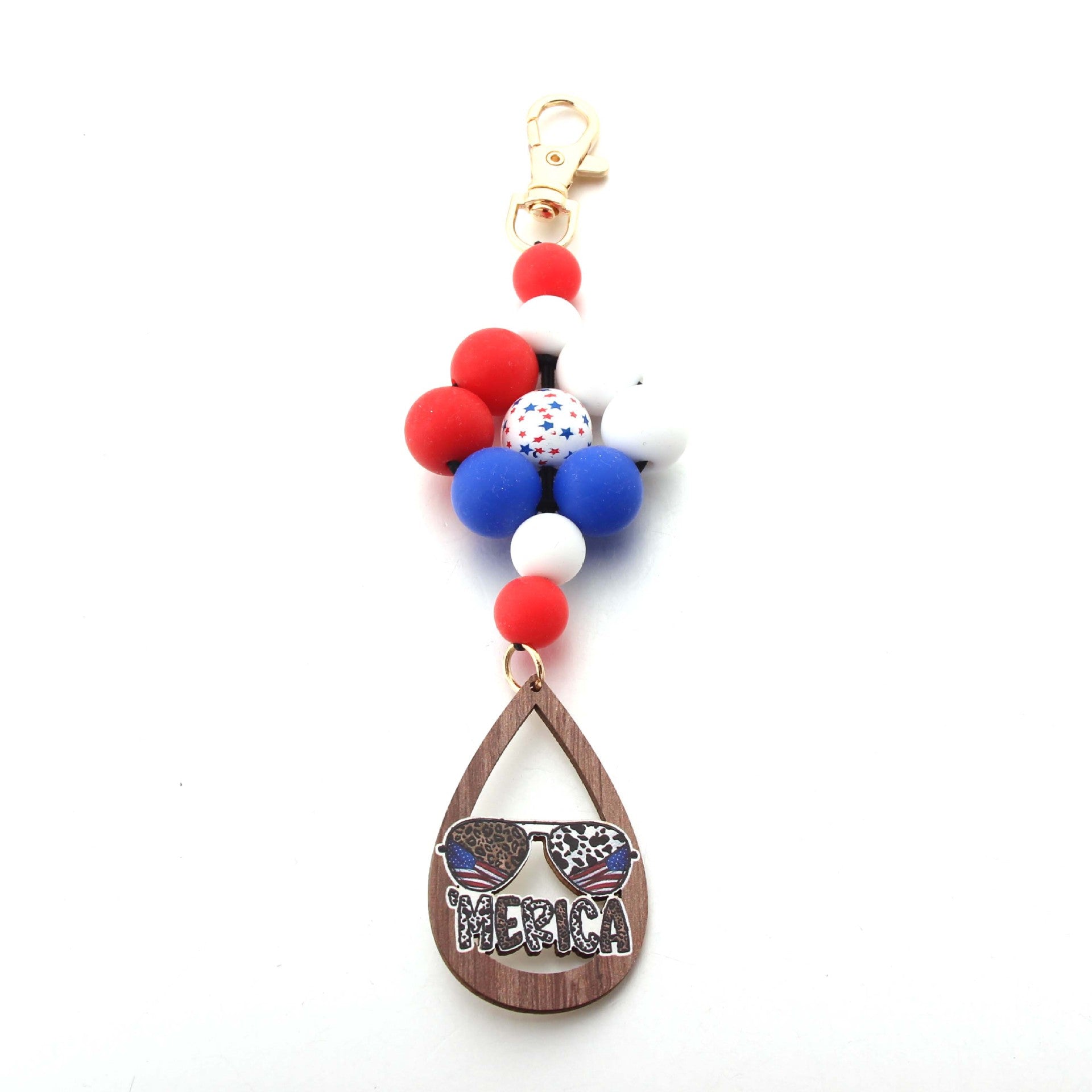 Wholesale American Independence Day Leather PU Wooden Sign Silicone Beaded Keychain