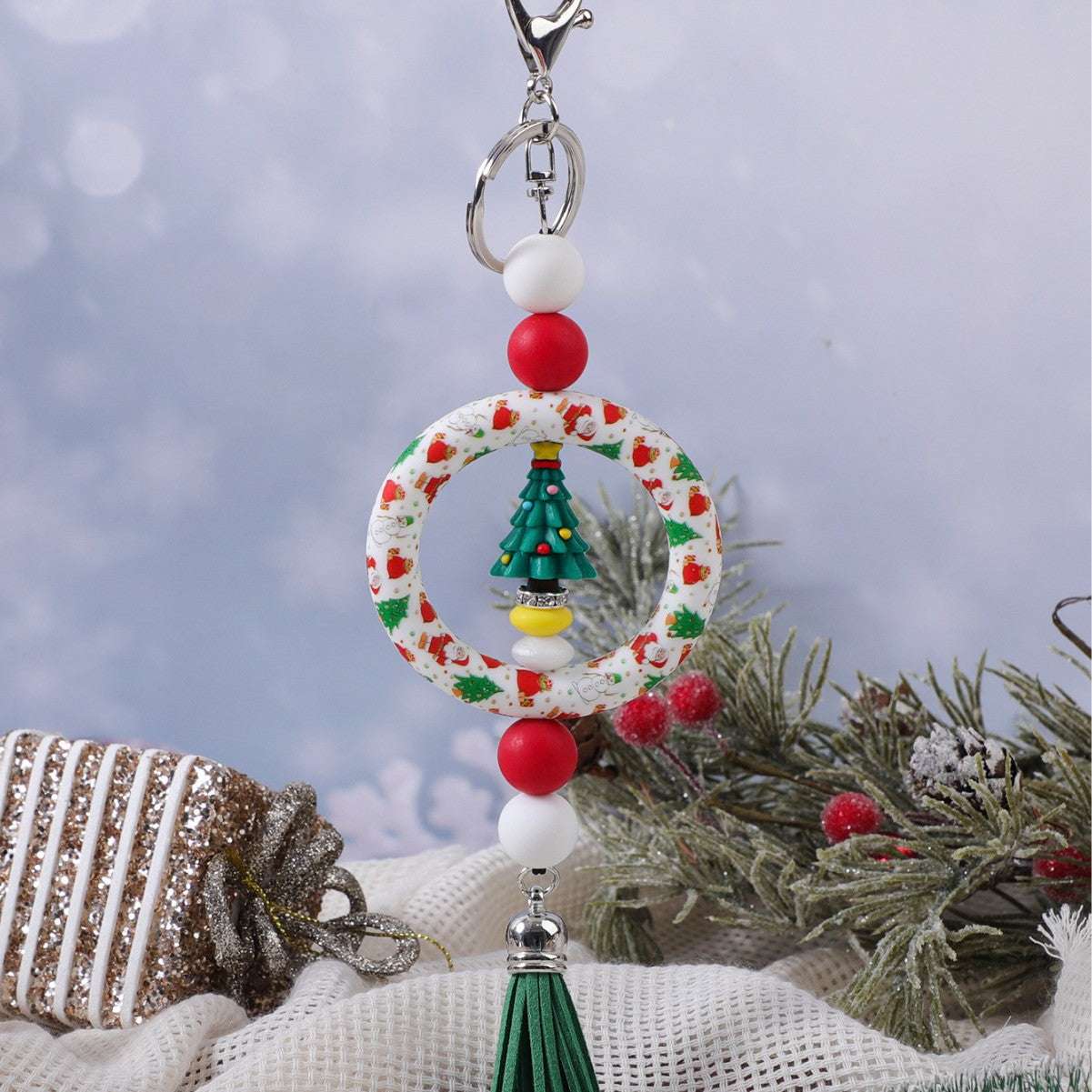 Wholesale Christmas Decoration DIY Beaded Circle Silicone Keychain Bag