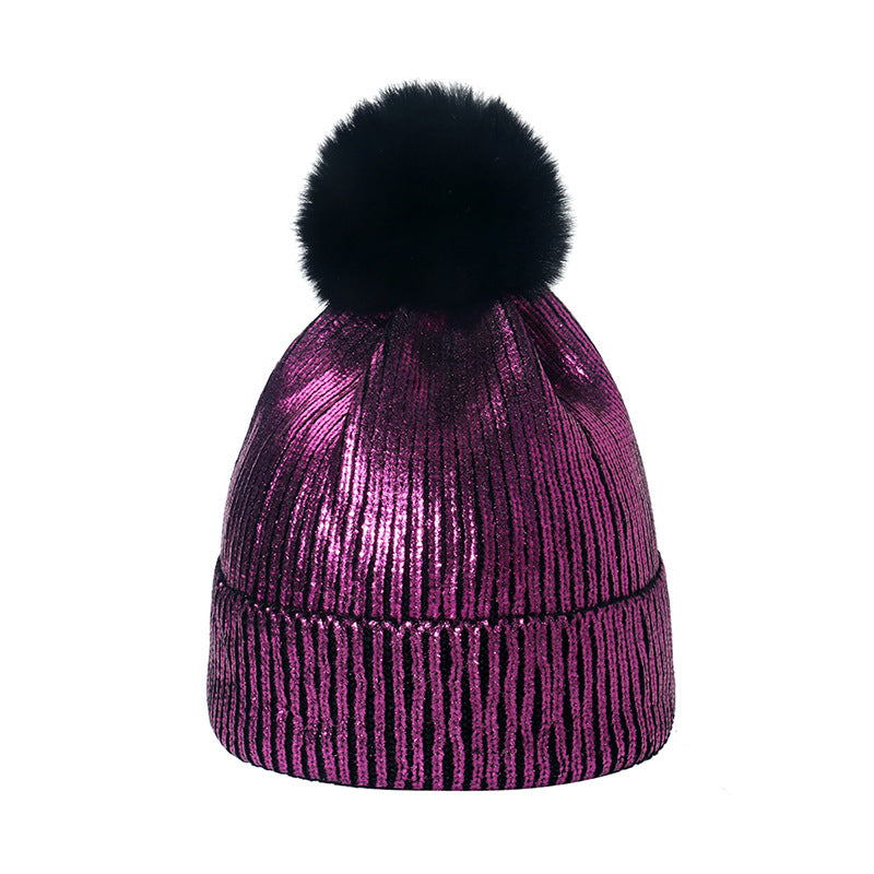 Wholesale Gold Stamping Wool Colorful Metal Hip-Hop Street Fur Ball Knitted Hat