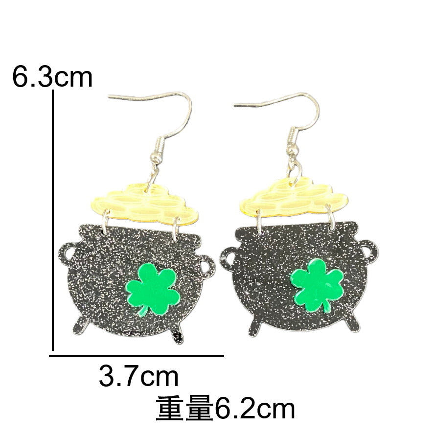 Wholesale St.  Patrick' s Day Green Clover Hat Boots Gold Coin Acrylic Earrings