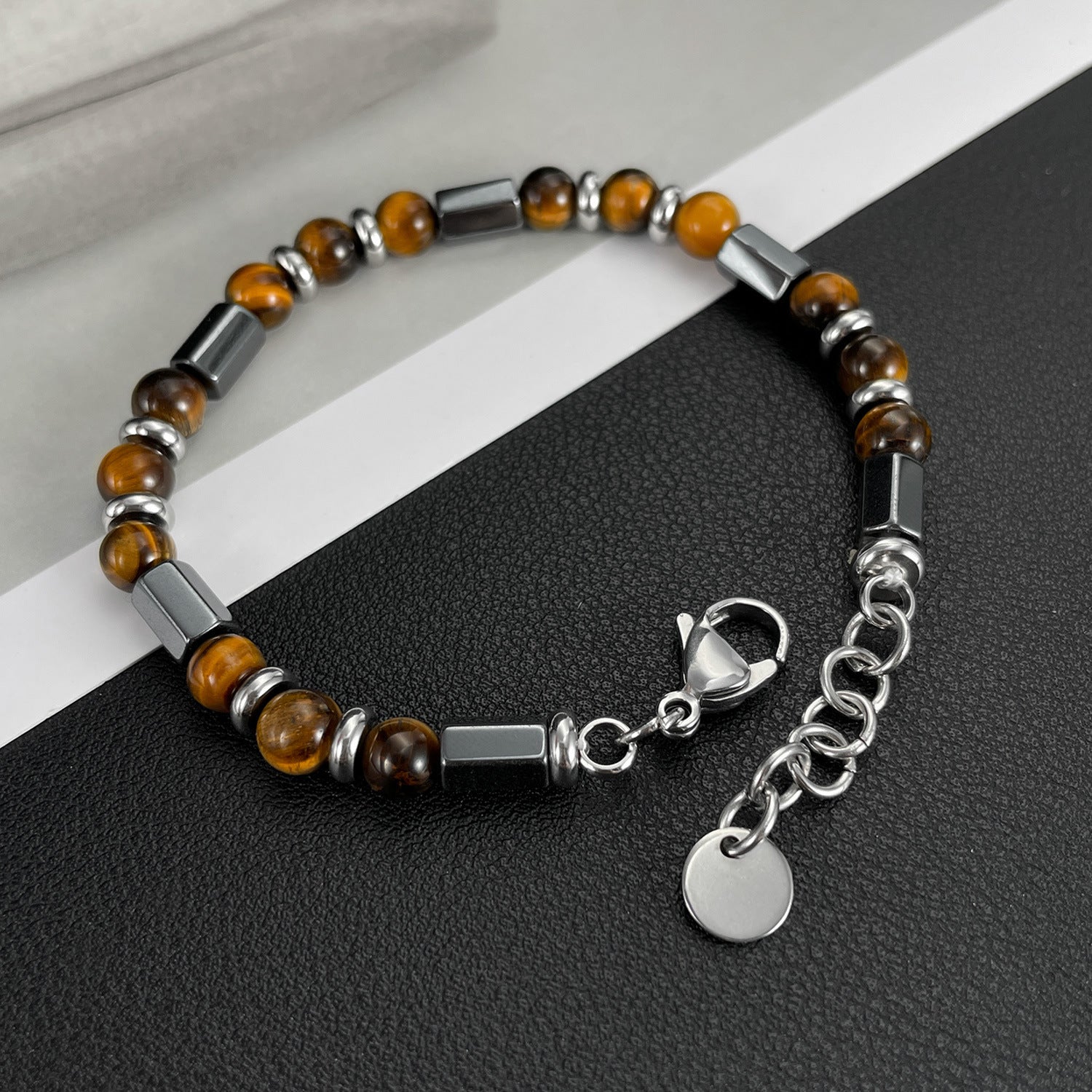 Wholesale Maillard Geometric Tiger Eye Stone Stainless Steel Beaded Chain Men's Bracelet