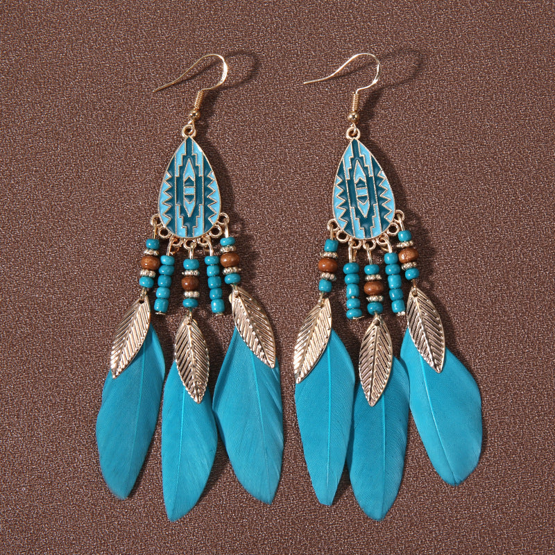 Wholesale Water drop tassel feather earrings long Bohemian rice beads ethnic style earrings