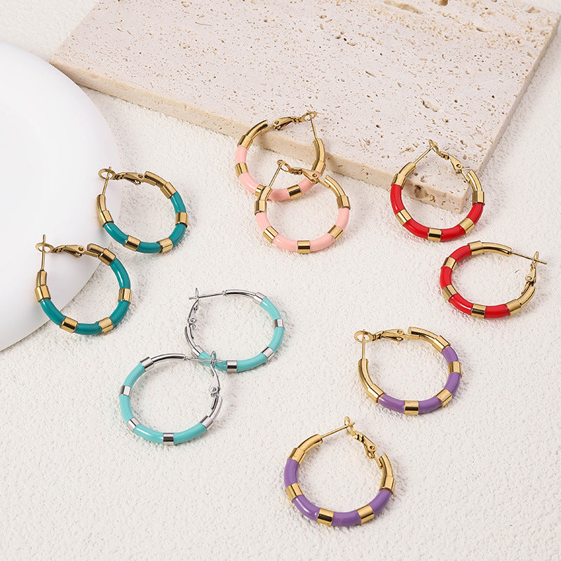 Wholesale Enamel Large Earrings Fashion Bamboo Stainless Steel Drip Oil Geometric Round 18K Real Gold Earrings