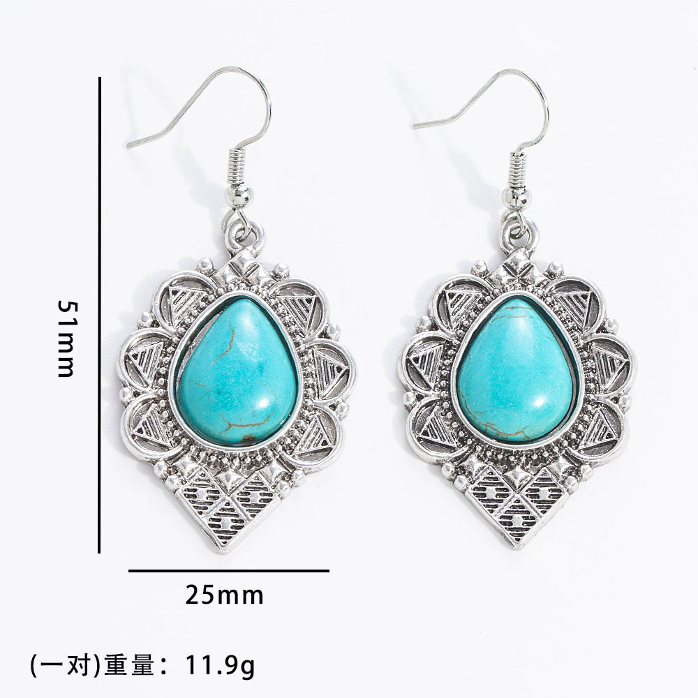 Wholesale 10pcs Vintage turquoise earrings geometric inlay Bohemian alloy personality earrings