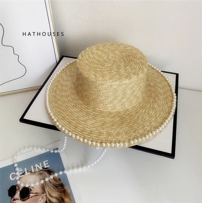 Wholesale Pearl Chain Flat Top Straw Straw Hat