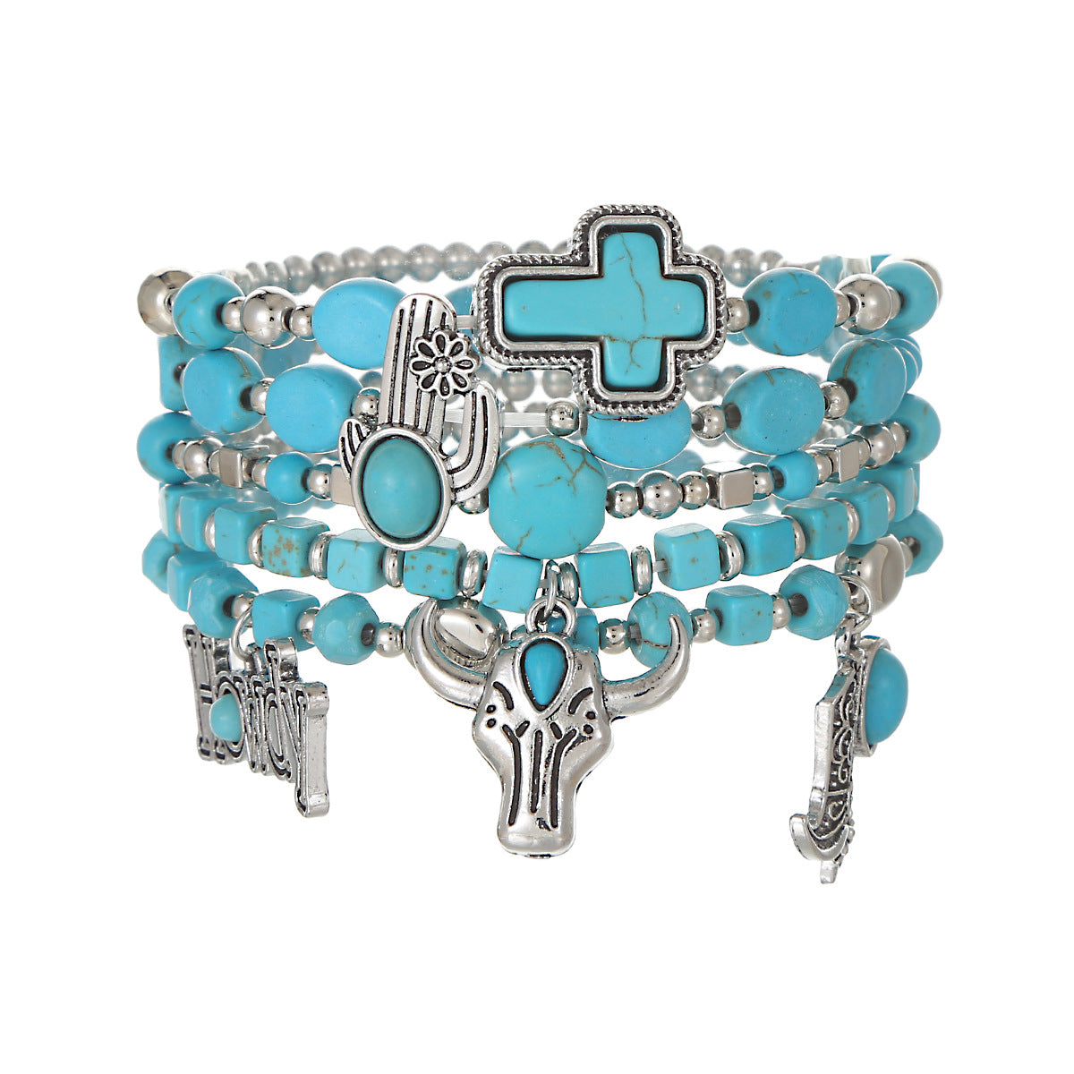 Wholesale Ethnic Style Bullhead Cactus Multi Layer Western Cowboy Turquoise Elastic Bracelet