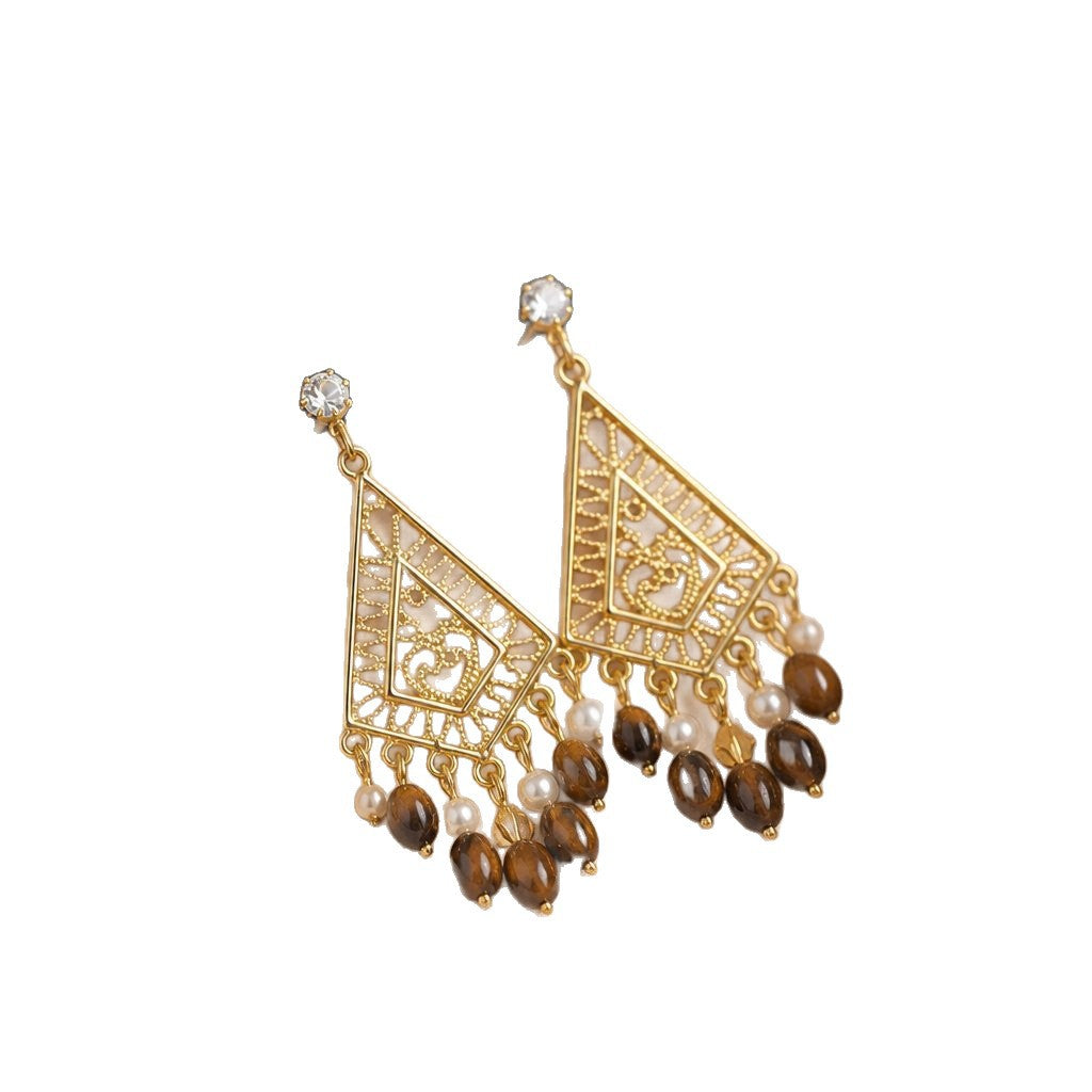 Wholesale Gold Tone Alloy Ethnic Tassel Earrings For Women Retro Hollow Long Drop Jewelry Accessory Boutique Resale