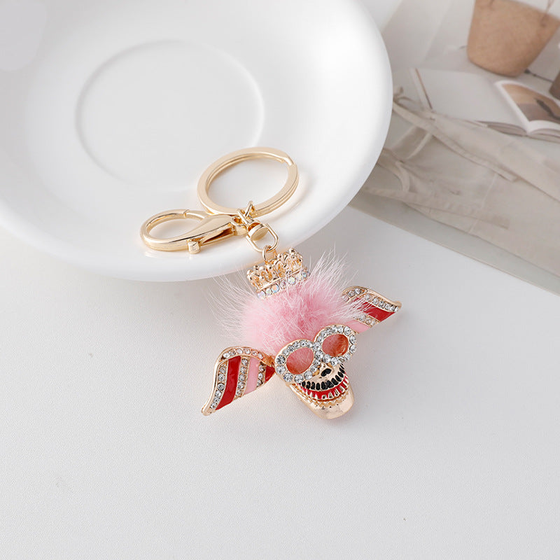 Wholesale Diamond Inlaid Plush Skull Metal Keychain